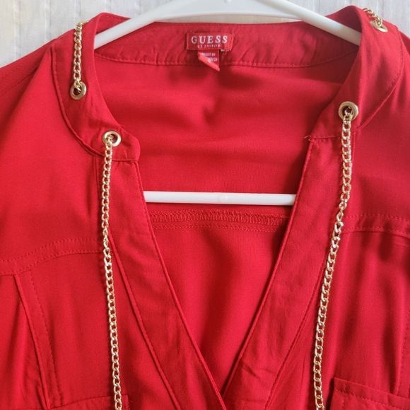 Guess Chain Accented Button Dress in Red - Picture 3 of 5